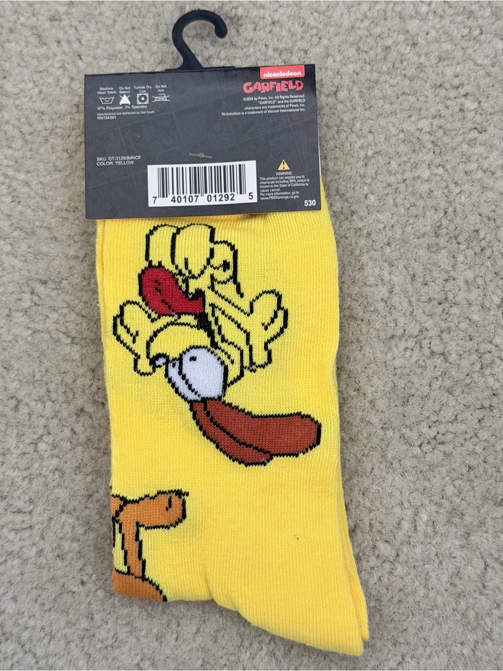 Nickelodeon Garfield Yellow Men’s Novelty Socks with Red & Brown Accents